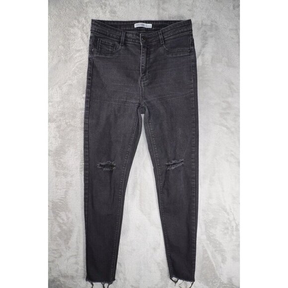 Zara Womens Jeans 8 Lead Grey Skinny Slim Ripped Distressed High Rise Raw Hem - Picture 1 of 10
